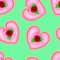 Colorful cartoon pink heart with rose flower for Valentine's day seamless pattern template. Bright vector illustration for games, background, pattern, decor. Print for fabrics and other surfaces.