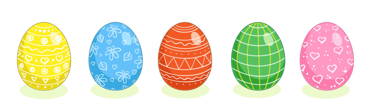 Happy Easter!  Set of five painted easter egg.  In cartoon style. Isolated on white background.  Vector illustration.