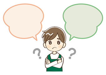 男性、店員、吹き出し、疑問