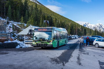Banff Gondola bus stop in winter season. Banff National Park, Canadian Rockies. Banff, AB, Canada