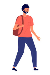A man in casual clothes carries a backpack on his shoulder. Stylish young male character, vector illustration isolated on white background. Bearded guy with dark hair in jeans and a t-shirt walks