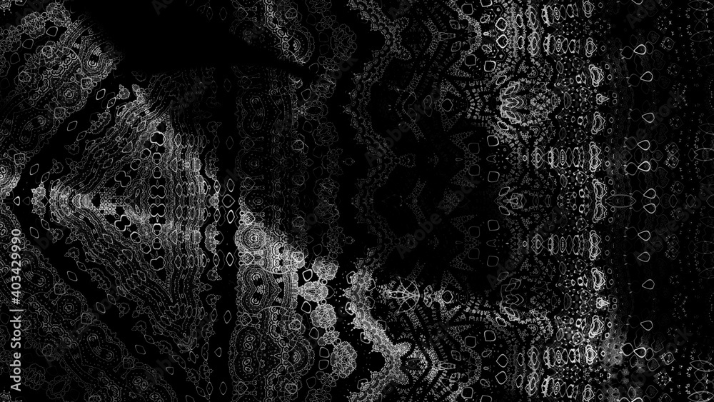 Poster abstract texture of a smooth shiny fabric with a small oriental pattern on a dark background, 3d ren