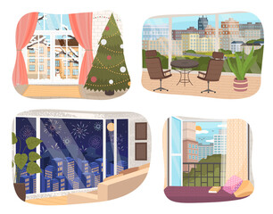 View from window of large building scenes set. Living room or office interior with chairs, coffee table and house plant in pot, Christmas tree. Looking out window and city view at different times