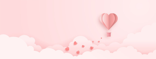 3D origami heart hot air flying with cloud background. Love concept design for happy mother's day, valentine's day, birthday day. Poster and greeting card template. vector paper art illustration.