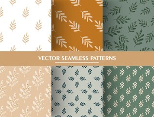 Set of simple botanic seamless pattern with leaf branches silhouettes. Leaves patterns collections.