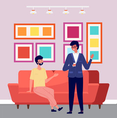 Men sitting on the couch and communicating. Male characters are talking in living room interior with bright pictures hanging on the wall. Meeting friends in a cozy atmosphere flat vector illustration