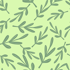 Random herbal seamless pattern with doodle green leaf twigs. Pastel background.