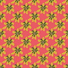 Yellow and green colored simple flowers seamless pattern on bright pink background.