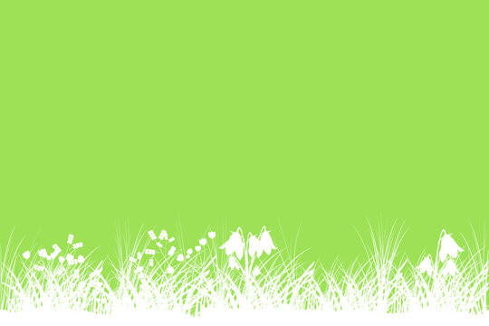 Green spring background with copy space. Summer grass banner with flowers.Template backdrop frame for Easter with place for text. Eco product label. Environmental protection. Stock vector illustration