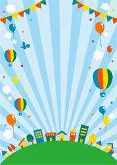 気球と風船が飛んでいる青空と街並みのイラスト　縦位置