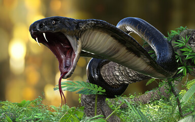King Cobra (Ophiophagus hannah) The world's longest venomous snake with Clipping Path, King Cobra Snake, 3d Illustration, 3d Rendering