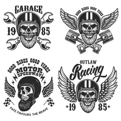 Set of the emblems with bearded skull in racer helmet with wings. Design element for logo, label, sign, emblem, poster, t shirt. Vector illustration
