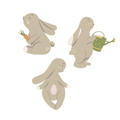 Three cute easter bunny. Vector illustration. Graphic design element.  Isolated white background.