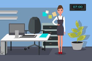 Young girl in formal wear near workplace in office. Concept businesswoman character at work in office interior with computer desk, potted plant, clock . Pretty young slim woman in business clothes