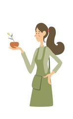 Vector illustration with a young girl holding plant.  Flat cartoon colorful. Graphic design element. Isolated white background.