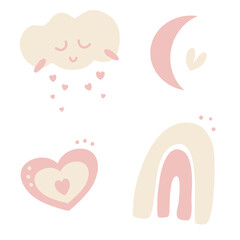 Vector illustrations set of cloud, moon, rainbow and heart. This kit comes in soft muted shades of dusty pink, pastel colours. Isolated white background.