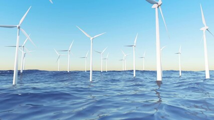 Wind power plants in sea at sunny day in good weather. Blue marine seascape 3D render with Electric Windmills in 4K footage with copy space for film about Green Eco energy or Global Warming.
