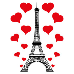 Fototapeta na wymiar Eiffel Tower surrounded by red hearts. I love Paris, France design. Europe travel vector illustration.