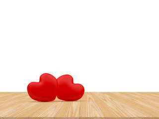 Fototapeta premium Two red hearts on a wooden surface on a white background. 3d illustration
