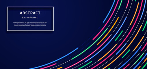 Abstract modern curve lines blue, pink, orange, green, neon light on dark blue background design with copy space for text.