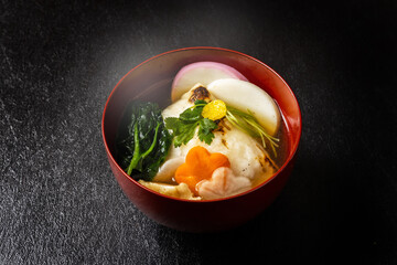 典型的なお雑煮 Ricecake boiled with vegetables(zouni) 