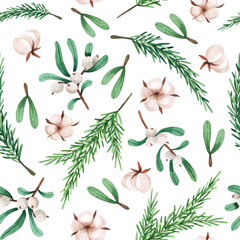 Christmas watercolor pattern with cotton, fir leaves and branches. Watercolor illustration on white background. Green pattern, an illustration for postcards, posters, textile design and other Souvenir