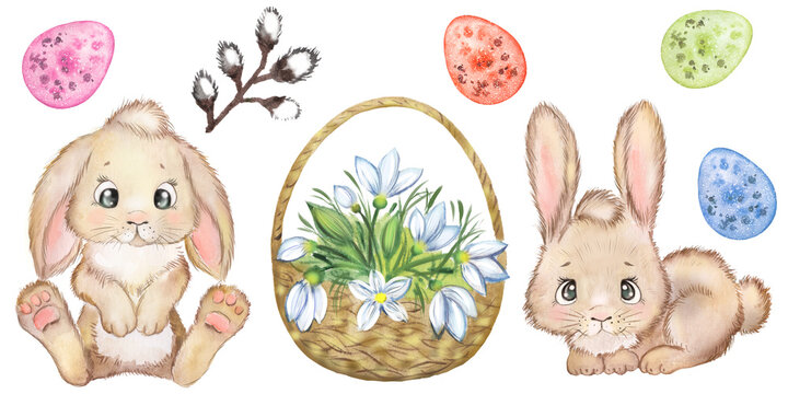 Watercolor illustration of Easter bunnies with colorful Easter eggs.