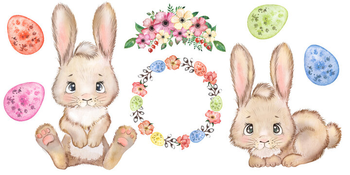 Watercolor illustration of Easter bunnies with colorful Easter eggs.