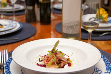 Delicious beet carpaccio with gravlax salmon and chévre cheese