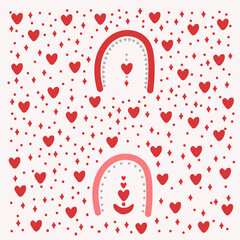 Poster with a rainbow in the circle of hearts. Pictures in the style of doodle with a rainbow and romantic elements of red hearts. Hearts, Rainbows, Favorites, Flower delivery. Collection for
