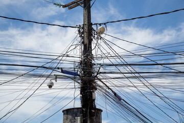 Utility Pole full of wire and cables commonly found throughout Latin America and third world countries 