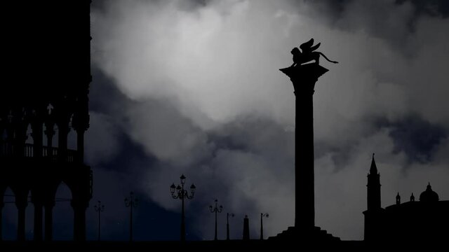 Venice: St Mark's Square or Piazza San Marco with Winged Lion and Doge's Palace, Time Lapse By Night with Crescent Moon, Italy