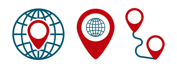 Global location icon, concept, map, navigation. Travel symbols. Vector illustration.