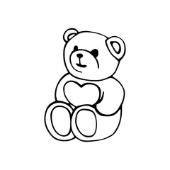 A contoured teddy bear holds a heart in its paws. Valentine's Day concept, hand drawn vector illustration isolated on white background.
