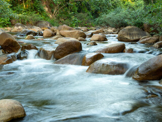 A long-exposure shot of a small creek flowing through a brown rock. And there are green trees as a backdrop. It is a specific focus.