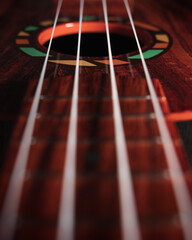 Close up on the strings of a children's colourful ukulele instrument