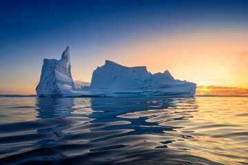 Fototapeta na wymiar floating glaciers in the rays of the setting sun at polar night