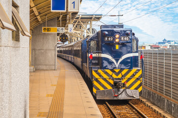 Heritage train stop at Chaozhou railway station in pingtung, taiwan. Translation: Exit