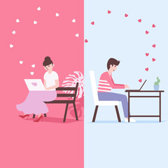 Man and woman lovers couple texting messages  via online. Valentines day Concept.