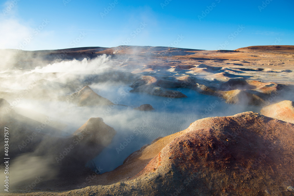 Sticker Sol de Manana geysers and geothermal area in the Andean Plateau in Bolivia