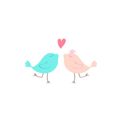 Hand-drawn two lovebirds. Pink and blue bird with a heart. Illustration of doodles for Valentine's Day. Vector design element for greeting and wedding cards, invitations. Illustration in cartoon styl