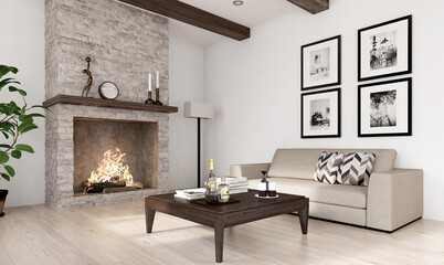 Wohnzimmer, offener Kamin