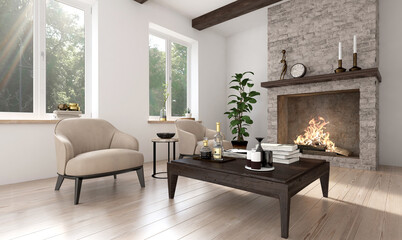 Wohnzimmer, offener Kamin
