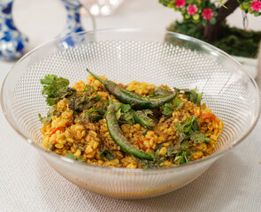 spicy Famous delicious pakistani and indian food daal mash with green chillies yellow daal.
