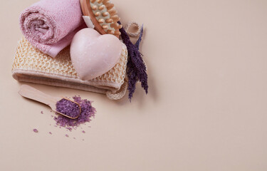 Spa products on beige background