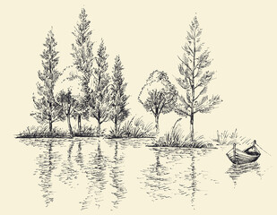 Small boat on calm water, lake drawing, sketched border of trees in the background - 403438715