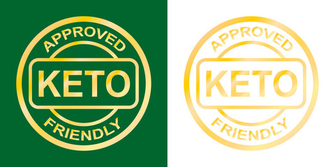 Keto approved friendly stamp. Ketogenic diet. Love keto. Gold round frame. Plant based vegan food product label. Logo or icon. Sticker.