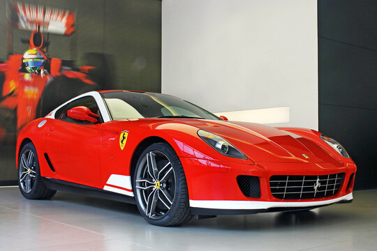 Kiev, Ukraine - April 22, 2012: Ferrari 599 Alonso Edition 60F1. Car for sale. Ferrari car dealership