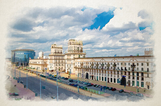 Watercolor drawing of Minsk aerial panoramic view of Railway Station Square with The Gates of Minsk two tall towers Socialist Classicism style