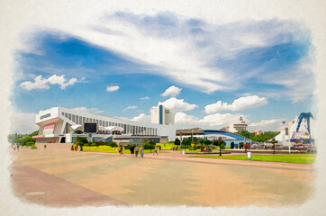 Watercolor drawing of cityscape of Minsk city with square near Minsk Sports Palace building and Hotel Belarus near embankment of Svislach river